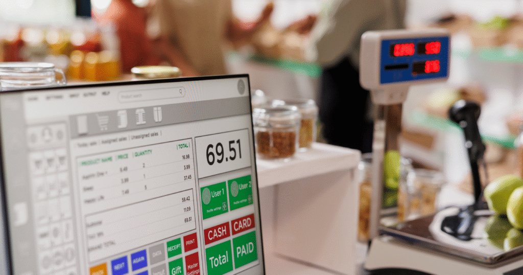 Cloud-based best POS system installed at restaurant counter with digital billing screen